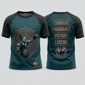 Camiseta de Boxeo Unisex de Manga Corta, Ajustada, con Estampado por Sublimación, Diseño de Coraje, Resistencia, Victoria y Leyenda, Patrón Geométrico - Product Image 1