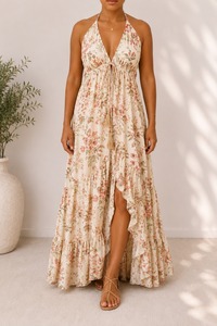 Robe longue décontractée pour femme, imprimé floral, respirante, col halter en V, à volants, fendue, sans manches, tissée, taille naturelle, printemps automne - Product Image 2