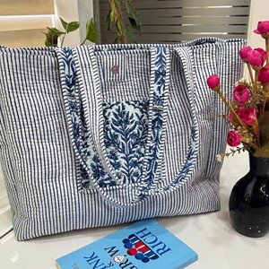 Women's Hand-Block Print Cotton Quilted Bohemian Shoulder Tote Bag with Open Closure Washable Tote Bag Jaipur Printed Cotton Bag - Product Image 6