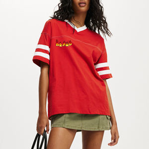 T-shirt décontracté pour femme à col en V rouge, manches courtes, imprimé logo flamme, coupe ample, 100 % coton jersey, printemps-été, prix abordable - Product Image 1