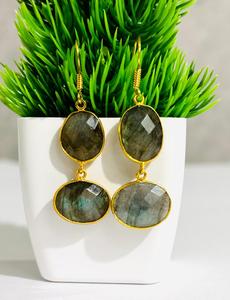 Boucles d'oreilles en labradorite naturelle, plaquées or, avec serti clos, élégantes, bijoux de mode indiens pour femmes, mariage nuptial - Product Image 1