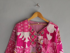 Pink Quilted <b>Patchwork</b> <b>Jacket</b> Women's V-Neck Three Quarter Sleeve Cotton Spring Style Regular Length Hand Embroidery Design gift - Product Image 4
