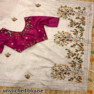 Sari de algodón VASTRA COTTAGE Tusser con bordado de hilo estilo Kashmiri, trabajo de borde Katha, borla y pallu, con blusa. - Product Image 5