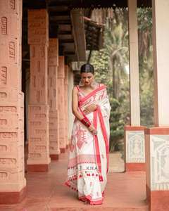 Eco-Friendly Handloom Soft Lichi Silk <b>Saree</b> <b>Red</b> Geometric Tribal Art Handwoven Ethnic Wedding Sun Protection Wrinkle Free Indian - Product Image 3