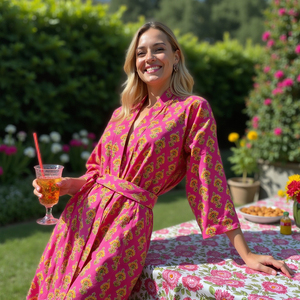 Opulent Women's Plus Size Sleepwear Fucsia Pink Yellow Buti Print Kimono Robe Dress Everyday Fashion Look-Symphony Luxe Harmony - Product Image 1