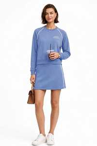 <b>Women's</b> Blue Knitted <b>Sweatshirt</b> <b>Dress</b> with White Trim Asymmetrical Neck Sleeveless Casual Sporty Solid Short Winter Autumn Wear - Product Image 2