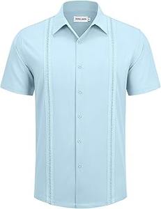 Chemise en lin pour homme pour l'été, style cubain Shagua Abella, design colorblock, brodée, à manches courtes, décontractée, col à revers, anti-rétrécissement - Product Image 5