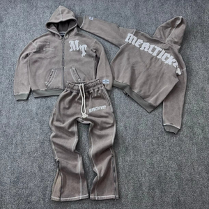 Manufacturer Boxy Fit Acid Wash Winter Cotton Fleece Hoodie Flared Sweats Pants <b>Sets</b> Custom Applique Distressed <b>Embroidery</b> - Product Image 3