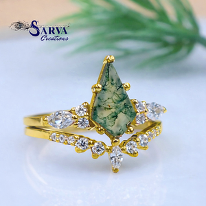 Ensemble de bagues en agate mousse naturelle en forme de cerf-volant avec accents en zircon cubique, argent sterling 925, ensemble de bagues de fiançailles et de mariage pour femmes - Product Image 2