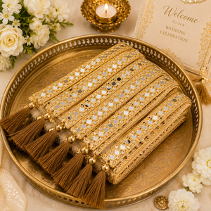 Écharpe de bienvenue de mariage faite à la main avec pompons en soie Resham pour invités, cadeau de cérémonie traditionnelle, étole, foulard ethnique - Product Image 4