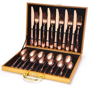 Luxury Rose Gold Stainless Steel Flatware Set 24 Piece <b>Cutlery</b> Set with Wooden <b>Storage</b> Box for Wedding Gift and Hotel Dining - Product Image 1