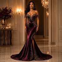 Robe de soirée longue asymétrique sans manches en velours bordeaux brodé, col en V, avec soutien-gorge intégré, style moderne et luxueux pour l'hiver