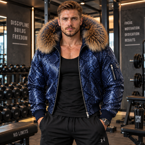 <b>Men's</b> Python Leather Zip <b>Jacket</b> with Luxurious Fur Hood Designer Streetwear Coat | Herren Lederjacke | Chaqueta Hombre Cuero - Product Image 3