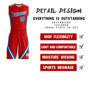 Uniformes de basket-ball personnalisés rouge bleu blanc sublimés avec nom d'équipe, maillot et short unisexe pour adulte, coupe athlétique, évacuation de l'humidité - Product Image 4