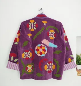 Vintage <b>Purple</b> <b>Velvet</b> Floral Embroidered Suzani Jacket Full Sleeve Stand Collar Handmade Boho Autumn Outerwear - Product Image 3