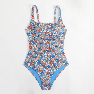 Maillot de bain une pièce OEM pour femme, imprimé floral, dos croisé, à lacets, froncé, effet ventre plat, style licou, couleur unie, pour l'été - Product Image 5