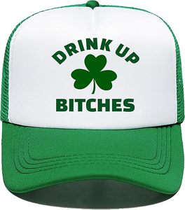 Gorra Trucker Verde y Blanca con Malla, Ajustable, Unisex, Casual, para Primavera/Verano, con Diseño de Trébol y la Frase 'Drink Up Bitches', de 6 Paneles - Product Image 3