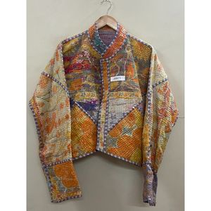 Veste Kantha Premium à Col Mandarin et Patchwork, Manches Chauve-Souris, en Coton Non Tissé Écologique à Séchage Rapide, pour Femme, Collection Automne - Product Image 6