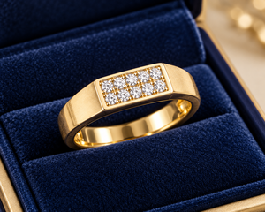 Anillo de boda de oro amarillo macizo de 14k con diamantes redondos de talla brillante, engaste de canal, clásico, unisex. - Product Image 5