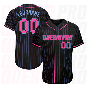 Camiseta de Béisbol de Alta Calidad 100% Poliéster, Personalizada, Último Modelo, Negra con Rayas Azul Claro y Rosa, Auténtica - Product Image 1