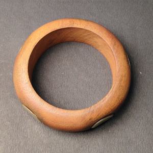 Handcrafted Natural Solid Wood <b>Bangle</b> with Inlaid Brass Oval Disks - Bohemian Style Chunky <b>Wooden</b> Bracelet for Women - Product Image 3