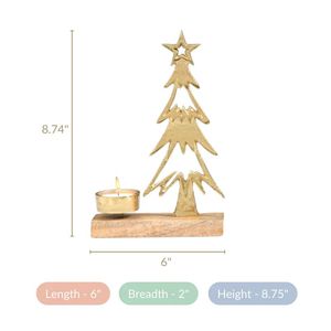 Gold Metal <b>Christmas</b> <b>Tree</b> Tea Light Holder Set of 2 Modern Wood Base Decorative Holiday Ornament - Product Image 6