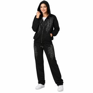 Unisex Black Winter Tracksuit <b>Set</b> Zip-Up Hoodie Sweatpants 2 1 Design Rhinestone Embellished Fleece Lining Eco-Friendly - Product Image 2
