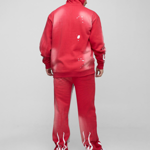 Conjunto de Sudadera con Capucha y Pantalones Acampanados con Estampado Completo, Efecto Desgastado y Lavado Ácido, con Pedrería, Calidad Premium 2026, para Hombre - Product Image 2