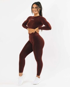 Conjunto Deportivo de Manga Larga sin Costuras con Logotipo Personalizado al por Mayor para Mujer, Pantalones Cortos de Cintura Alta, Fabricante de Ropa Deportiva de Marca Privada - Product Image 6