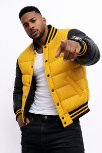 Blouson matelassé jaune et noir pour homme, style universitaire, hiver, avec boutons-pression, streetwear, logo personnalisé, OEM - Product Image 4