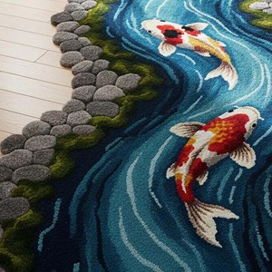 Designer Koi Fish River <b>Runner</b> Wool <b>Rug</b> Long Artistic Hallway Tufted Carpet Flowing Water Pattern Decorative Luxury Floor Mat - Product Image 6