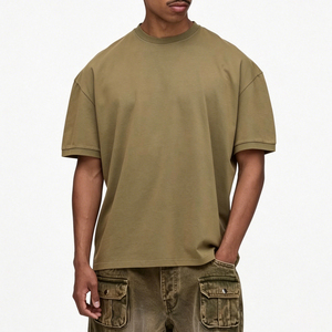 Camiseta Verde Oliva Oversize de Manga Corta para Hombre, Casual, de Algodón, Cuello Redondo, Color Liso Teñido - Product Image 1