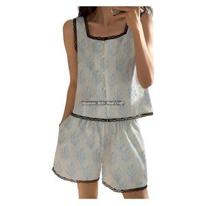 Conjunto de Pijama de Algodón con Estampado a Mano y Ribete de Encaje, Estilo Indio, Sin Mangas, para Primavera/Verano - Product Image 1