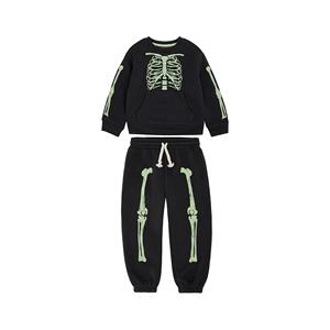 Ensemble décontracté 2 pièces pour tout-petits garçons et filles, sweat-shirt à imprimé squelette en polyester et pantalon de jogging avec logo frontal pour Halloween - Product Image 1