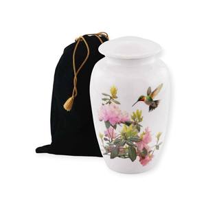 Urne funéraire blanche à motif floral avec colibris et sac en velours pour cendres d'adultes en souvenir paisible - Product Image 1
