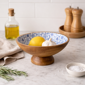 Vajilla de madera de mango con estampado de azulejos azules naturales, tazón con pedestal esmaltado para el hogar y la cocina, mesa ecológica con juegos de cubiertos. - Product Image 2