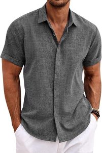 Chemises en lin pour hommes en gros, ODM, avec logo personnalisé, manches courtes, décontractées, boutonnées, à patte de boutonnage recouverte, légères, en coton et lin, pour l'été - Product Image 6