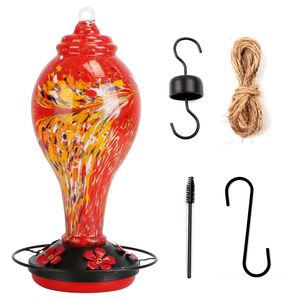 Comedero de Cristal Soplado a Mano de 33 oz para Colibríes con 5 Puertos de Alimentación en Forma de Flor, Percha, Foso para Hormigas y Gancho en S de Cáñamo para Suministros de Aves - Product Image 1