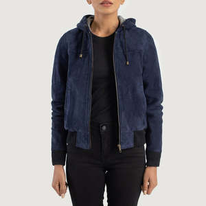 Chaqueta Bomber Azul con Capucha de Gamuza, Chaqueta de Motociclista Transpirable, Cortavientos, con Cierre de Cremallera, Cuello Alto, Color Sólido - Product Image 3