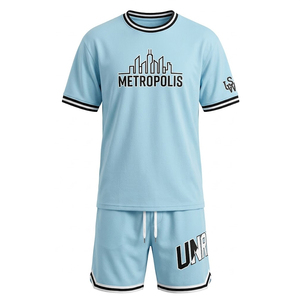 Ensemble unisexe vintage automne 2 pièces : T-shirt graphique et short, 100 % coton, doublure polaire écologique, col boutonné, séchage rapide, extensible dans quatre directions - Product Image 1