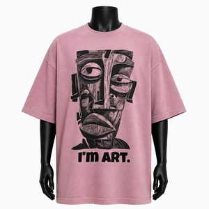 เสื้อยืดผู้ชายสีชมพูขนาดใหญ่พิเศษพร้อมลายพิมพ์ใบหน้าแบบนามธรรม I'm Art Street Style แขนสั้นคอกลมผ้าฝ้ายเจอร์ซีย์ - Product Image 1