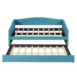 Divano letto imbottito blu a una piazza e mezza con letto estraibile e doghe in legno - Mobili imbottiti - Product Image 3