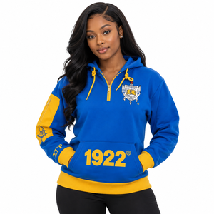 Sweat à capuche demi-zip bleu roi Sigma Gamma Rho, motif crête 1922, cordon de serrage jaune, poche kangourou, manches longues, pour sororité grecque - Product Image 1