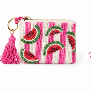 Porte-monnaie perlé fait main avec motif pastèque, mini portefeuille pour femme, fermeture ouverte, portable, avec dragonne et porte-clés - Product Image 1