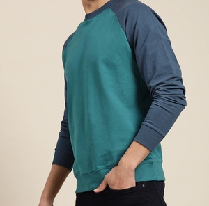 Sweat-shirt à col rond pour homme, manches raglan, couleur turquoise, coupe classique, tricoté, 100% coton, pull décontracté, couleur unie, automne - Product Image 1