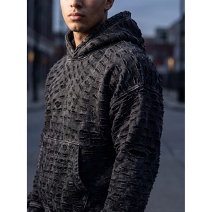 Mens Distressed <b>Washed</b> Hoodie Oversized Ripped Pullover Hooded Sweatshirt Vintage Streetwear Heavyweight Cotton Custom Logo OEM - Product Image 4