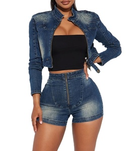 Conjunto de mezclilla para mujer, chaqueta vaquera corta de manga larga, pantalones cortos, traje vaquero, chándal Cargo de calle, conjunto de dos piezas, trajes de Fitness - Product Image 1