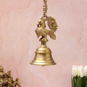 Decorative brass wall-mounted <b>bell</b> with filigree scrollwork bracket, chain connector, and a circular bottom pull ring. - Product Image 6