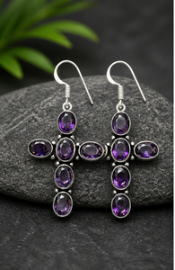 Boucles d'oreilles pendantes en argent sterling 925 avec croix en améthyste naturelle, faites à la main, pierres précieuses violettes, pour femmes, bijoux en gros - Product Image 3