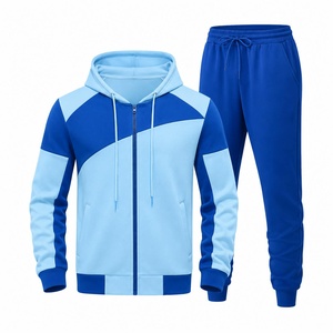 Unisex Blau Bedruckter Farbblockierender Kapuzen-Trainingsanzug Sportlich Leichtgewichtig Vollärmelig mit Kordelzug Lässige Herbstkleidung Normale Passform - Product Image 1